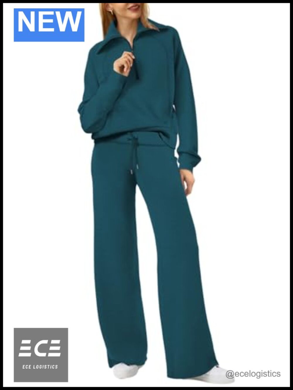 Womens Half Zip Oversized Sweatshirt Wide Leg Sweatpants 2 Piece Lounge Set